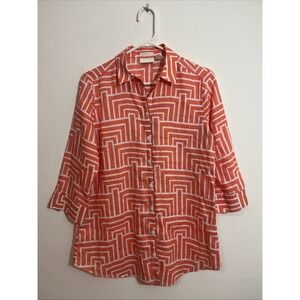 Chicos Linen Button Up Shirt Orange White‎ Geometric Pattern Non Wrinkle Size 0